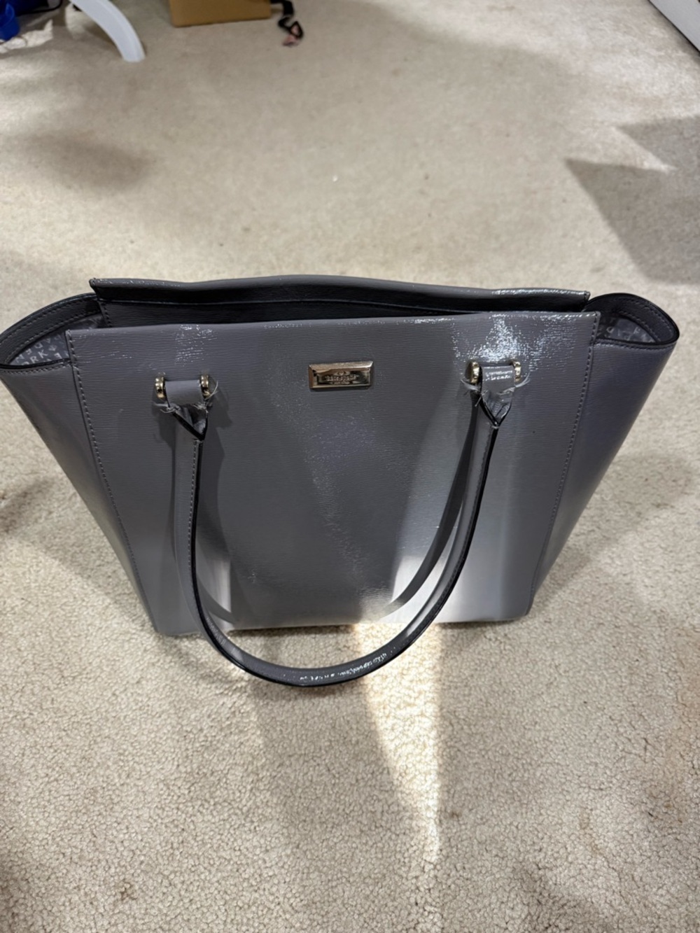 kate spade Gray Patent Leather Tote with Gold Plaque